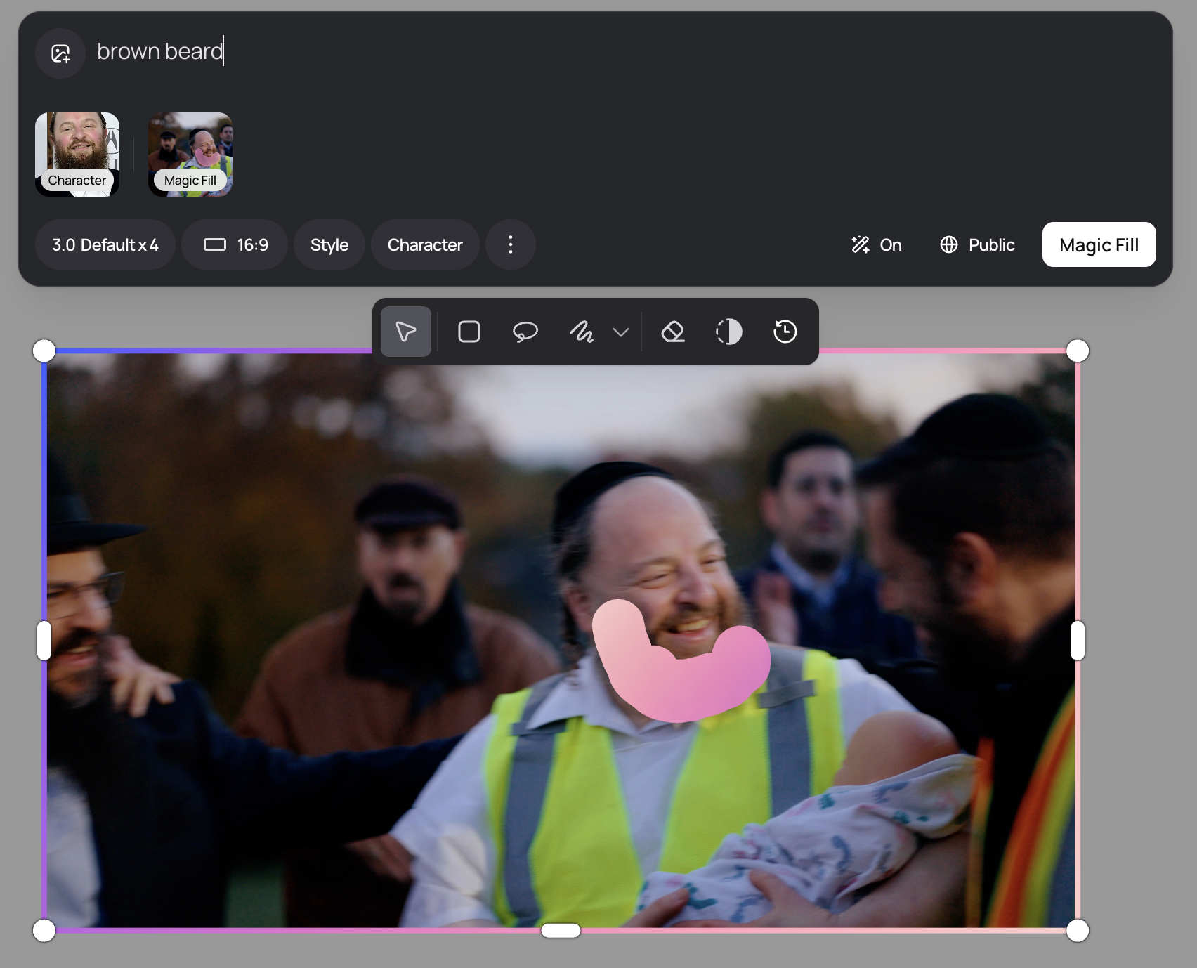 Ideogram.ai Magic Fill interface showing beard area selection